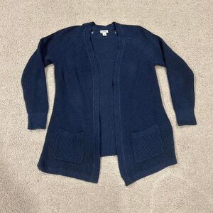 LL Bean Cotton‎ Open Cardigan Size Small Plus Navy Blues Pockets Long Sleeve
